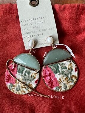 Anthropologie Drop Earrings w/ Sage stone and Pink and floral fabric - see pics